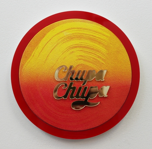 Wendy White. Chupa Chupa, 2014. Acrylic on canvas, plexiglas and PVC frame, 9 in diameter.