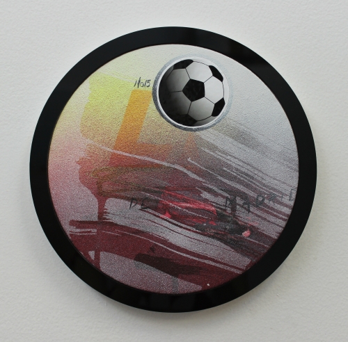 Wendy White. La Luna, 2014. Acrylic on canvas, plexiglas and PVC frame, sticker, 9 in diameter.