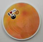Wendy White. Limones (after Ouka Leele), 2014. Acrylic on canvas, plexiglas and PVC frame, stickers, 17 in diameter.