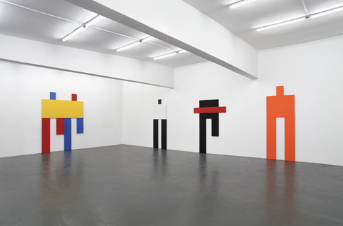 Joe Bradley. Installation view, Peres Projects, 2007. From left: Cavalry, 2007; Itz, 2007; Night Runner with Strike, 2007; The Thing, 2007.