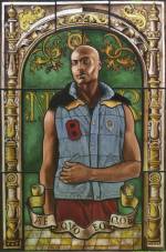 Kehinde Wiley. Arms of Nicolas Ruterius, Bishop of Arras, 2014. Stained glass, 54 x 36 in (137.2 x 92.7 cm). Courtesy of Galerie Daniel Templon, Paris. © Kehinde Wiley.