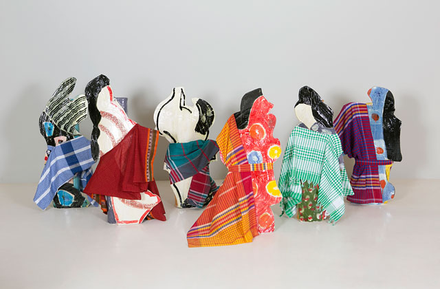 Betty Woodman. Kimono Ladies #1-6, 2015. Glazed earthenware, epoxy resin, lacquer, acrylic paint, fabric. Photograph: Jeff Elstone.