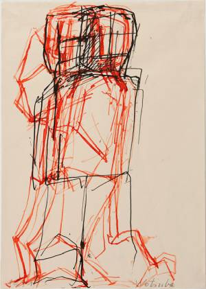 Fritz Wotruba. Walking Person, 1951. Paper, feather in black and red, 29.5 x 21 cm. Belvedere Vienna, permanent loan from Fritz Wotruba Privatstiftung. Photograph: Harald Eisenberger, © Fritz Wotruba Privatstiftung.
