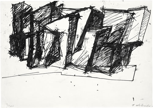 Fritz Wotruba. Sketch to an Architecture, 1966. Paper, quill in black, 34.5 x 49.1 cm. Belvedere Vienna, permanent loan from Fritz Wotruba Privatstiftung. Photograph: Stefan Zeisler, © Fritz Wotruba Privatstiftung.