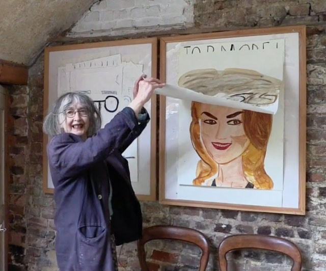 Rose Wylie talking to Studio International in her kitchen, 2014. Photograph: Martin Kennedy.