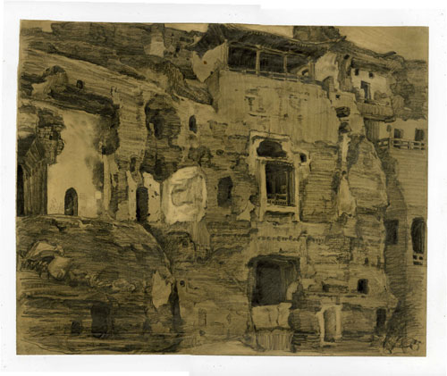 Xu Bing. Buddhist caves, Dunhuang, 1984. Pencil and chalk on paper, 37.4 x 46.6 cm. © Courtesy of Xu Bing Studio.