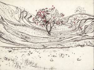 Xu Bing. 54-1, Apricot tree, southern Hebei, 1980–81. Pen and ink on paper, with children’s water paint, 15.5 x 20.5 cm. © Courtesy of Xu Bing Studio.