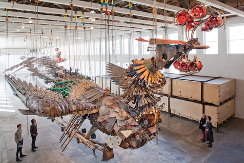 Xu Bing. Phoenix Project, 2008-2010. Installation view (2) at MASS MoCA, Massachusetts, 2012. 27 and 28 metres in length, 8 metres in width, 5 metres in height. Courtesy Xu Bing Studio and MASS MoCA