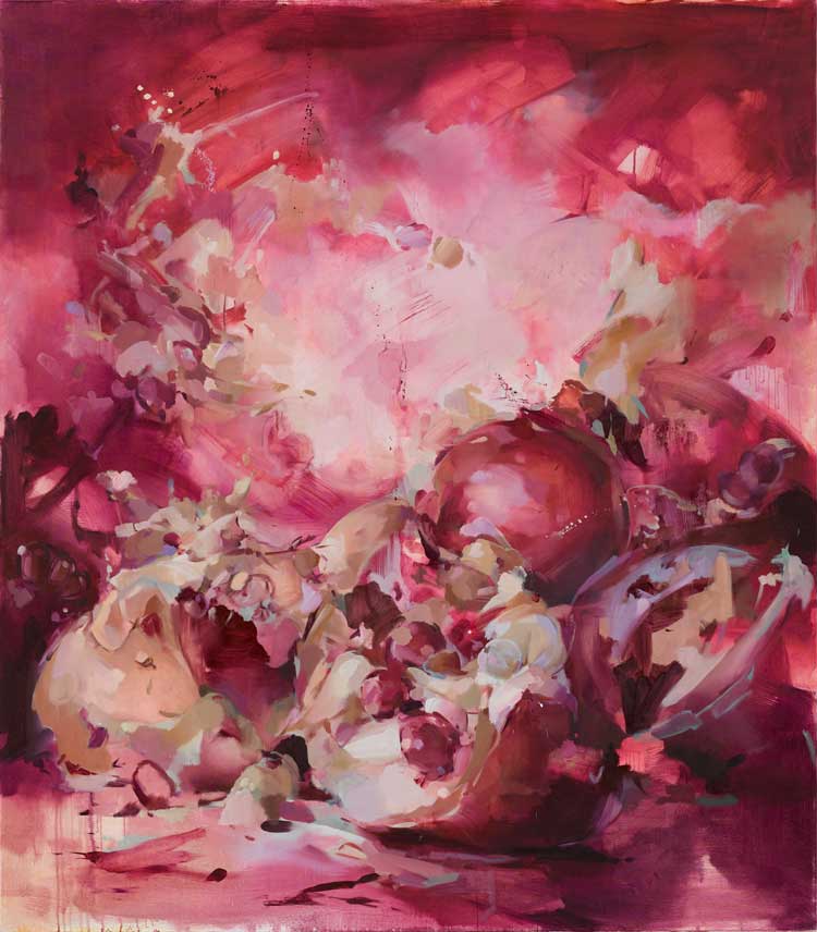 Flora Yukhnovich. Rouge allure, 2022. Oil on linen, 200 x 175 cm (78 3/4 x 68 7/8 in). © Flora Yukhnovich. Courtesy the artist, Victoria Miro and Hauser & Wirth.