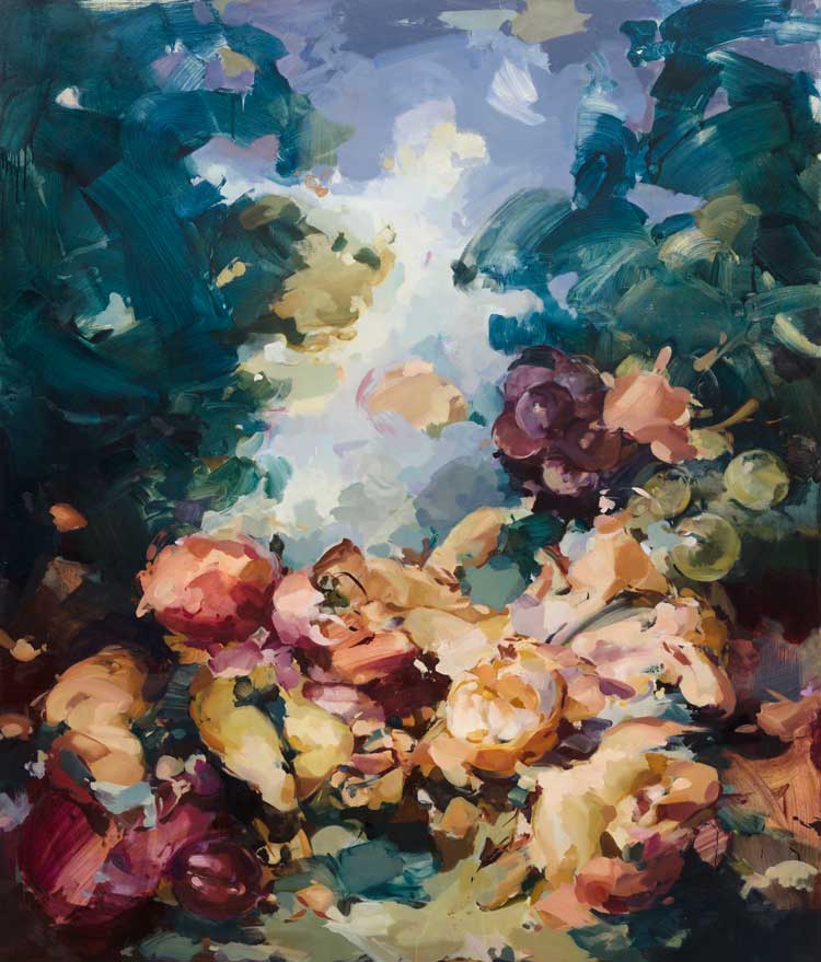 Flora Yukhnovich. Thicker than Peanut Butter, 2020. Oil on linen, 200 x 170 cm (78 3/4 x 66 7/8 in). © Flora Yukhnovich. Courtesy the artist, Victoria Miro and Hauser & Wirth.