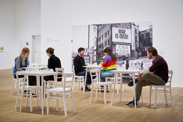 Yoko Ono, White Chess Set, 1966, installation view, Yoko Ono: Music of the Mind, Tate Modern, London, 2024. Photo: © Tate/Reece Straw.
