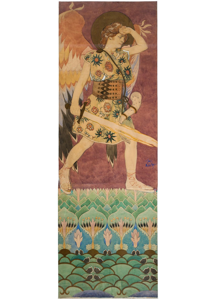 Józef Mehoffer. Saint Michael (Angel of War), design for a wall painting at the Wawel Treasury, 1901. Saint Michael is shown wearing a Highlander belt. Watercolour on paper laid on canvas. Courtesy the National Museum in Poznań.
