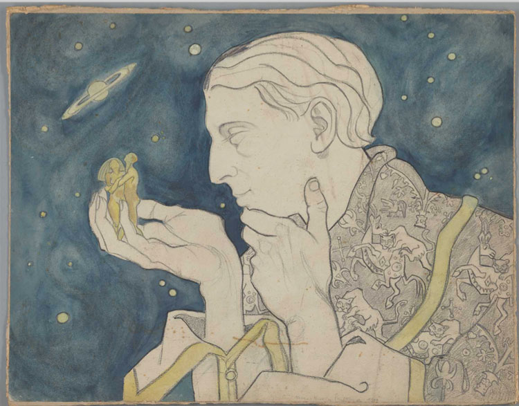 Maria Pawlikowska-Jasnorzewska. Jan Pawlikowski in a Cosmic Setting, c1918. Pencil, pastel, watercolour and gouache on paper (unfinished), 36 × 26 cm. Private Collection. By Descent from the Artist. © NMK Photographic Department.