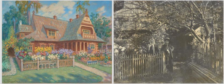 Left: Karol Kłosowski’s drawing of the Silent Villa dated 1941, showing the house and the garden after all extensions and alterations, 59 × 72 cm. Right: Photograph of Karol Kłosowski and his wife Katarzyna in front of the Silent Villa, taken presumably between 1907 and 1915. Private Collection. By Descent from the Artist © NMK Photographic Department.