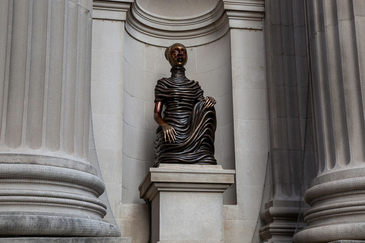 Installation view of The Seated III, 2019 for The Facade Commission: Wangechi Mutu, The NewOnes, will free Us, 2019. Courtesy of the Artist and Gladstone Gallery, New York and Brussels. The Metropolitan Museum of Art, Purchase, Women and the Critical Eye Gifts and Janet Lee Kadesky Ruttenberg Fund, in memory of William S. Lieberman, and in celebration of the Museum's 150th Anniversary, 2020. Image: The Metropolitan Museum of Art, Photo by Bruce Schwarz.