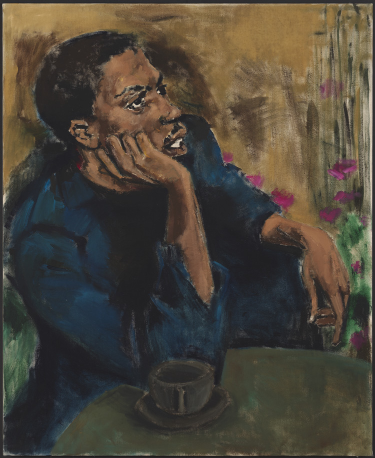 Lynette Yiadom-Boakye, Brothers to a Garden, 2017. Oil on linen. Lent by Lonti Ebers, © Lynette Yiadom-Boakye, courtesy of the artist, Jack Shainman Gallery, New York, and Corvi-Mora, London.