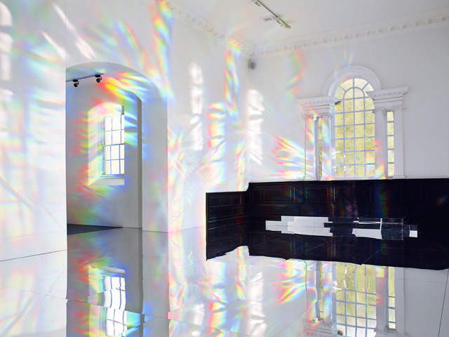 Kimsooja, To Breathe, 2019. Site specific installation consisting of mirror, diffraction grating film, and sound performance The Weaving Factory, 2004–2013 at the Chapel, Yorkshire Sculpture Park. Photo: Mark Reeves. Commissioned by Yorkshire Sculpture Park, Courtesy of Axel Vervoordt Gallery and Kimsooja Studio.