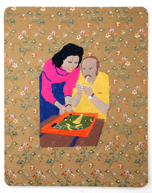 Raed Yassin. Dad Smoking (Dancing Smoking Kissing Series), 2013. Silk thread embroidery on embroidered silk cloth, 100 x 80 cm. Kalfayan Galleries. Photograph courtesy of Kalfayan Galleries, Athens, Thessaloniki.