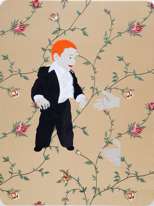 Raed Yassin. Gentleman Raed (Dancing Smoking Kissing Series), 2013. Silk thread embroidery on embroidered silk cloth, 80 x 60 cm. Kalfayan Galleries. Photograph courtesy of Kalfayan Galleries, Athens, Thessaloniki.