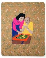 Raed Yassin. Dad Smoking (Dancing Smoking Kissing Series), 2013. Silk thread embroidery on embroidered silk cloth, 100 x 80 cm. Kalfayan Galleries. Photograph courtesy of Kalfayan Galleries, Athens, Thessaloniki.