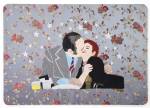 Raed Yassin. Kissing (Dancing Smoking Kissing Series), 2013. Silk thread embroidery on embroidered silk cloth, 70 x 100 cm. Kalfayan Galleries. Photograph courtesy of Kalfayan Galleries, Athens, Thessaloniki.
