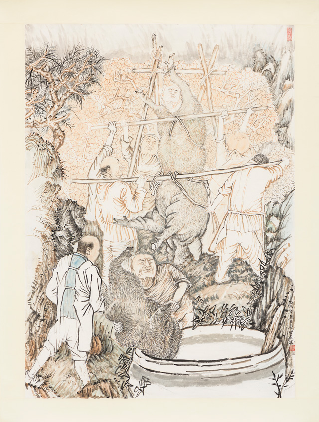 Yun-Fei Ji. The End of Year, 2015. Ink and watercolour on Xuan paper, mounted on silk, 42 7/8 x 32 1/8 in (108.9 x 81.4 cm). Collection of the Ruth and Elmer Wellin Museum of Art.