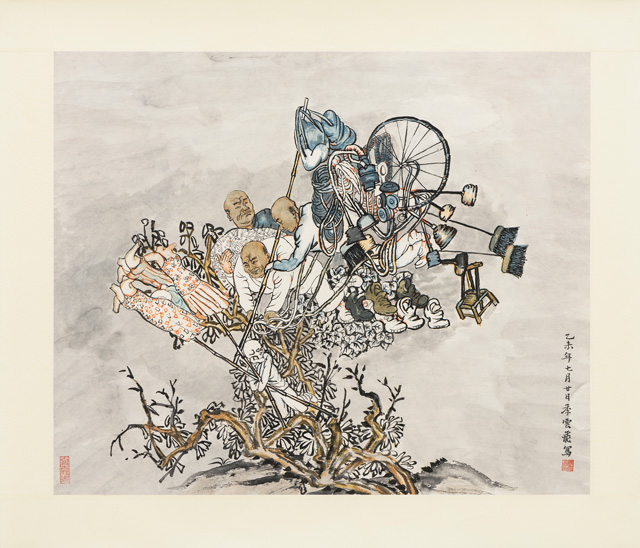 Yun-Fei Ji. The Vendors and the Wind, 2014. Ink and watercolour on Xuan paper, mounted on silk 26 1/8 x 30 3/8 in (66.3 x 77 cm). Collection of the Ruth and Elmer Wellin Museum of Art.