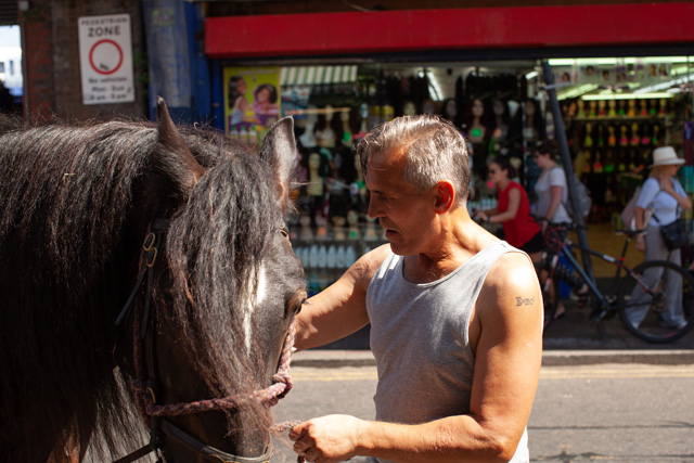 Patrick Onione with horse on Electric Avenue during the filming of Here for Life (2019). Photograph: Marc Hankins.