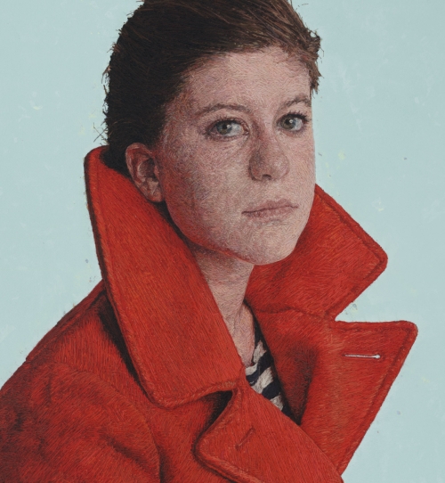Cayce Zavaglia. Raphaella In Her Winter Coat (After Alex), 2015. Hand embroidery, Crewel wool on Belgian linen with acrylic paint, 14.5 x 30.5 in (36.8 x 77.5 cm).