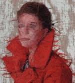 Cayce Zavaglia. Raphaella In Her Winter Coat (After Alex), verso, 2015. Hand embroidery, Crewel wool on Belgian linen with acrylic paint. 14.5 x 30.5 in (36.8 x 77.5 cm).