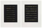 Zarina. Northeast Light I & II, 2014. BFK light paper printed with black ink and collaged with strips of black and 22-karat gold leaf paper mounted on Somerset white paper. Diptych. Unique. Sheet size: 26 x 19 3/4 in (66.04 x 50.17 cm). © Zarina; Courtesy of the artist and Luhring Augustine, New York.