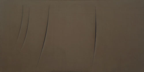 Lucio Fontana. Concetto spaziale, Attese, 1959. Synthetic paint on canvas, 125 × 250.8 cm. Solomon R. Guggenheim Museum, New York, Gift, Mrs. Teresita Fontana, Milan 77.2322. © 2014 Artists Rights Society (ARS), New York/SIAE, Rome. Photograph: David Heald © The Solomon R. Guggenheim Foundation, New York.