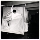 Murakami Saburō. Passing Through, 1956. Performance view: 2nd Gutai Art Exhibition, Ohara Kaikan, Tokyo, ca. 11-17 October 1956. © Murakami Makiko and the former members of the Gutai Art Association, courtesy Museum of Osaka University.