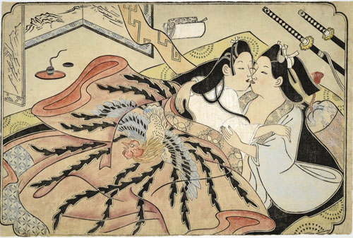 Sugimura Jihei (fl. 1681-1703). Lovers under a quilt with phoenix design, untitled. Erotic picture, mid-1680s. Private collection, USA.