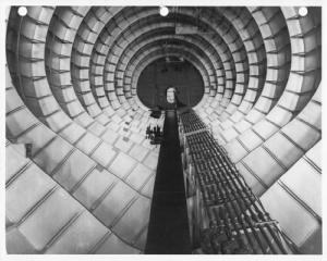 View aft through the fuselage of the Hughes Flying Boat under construction from the cargo deck. Photo from the Evergreen Aviation & Space Museum Collection. © Evergreen Aviation & Space Museum.