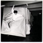 Murakami Saburō. Passing Through, 1956. Performance view: 2nd Gutai Art Exhibition, Ohara Kaikan, Tokyo, ca. 11-17 October 1956. © Murakami Makiko and the former members of the Gutai Art Association, courtesy Museum of Osaka University.