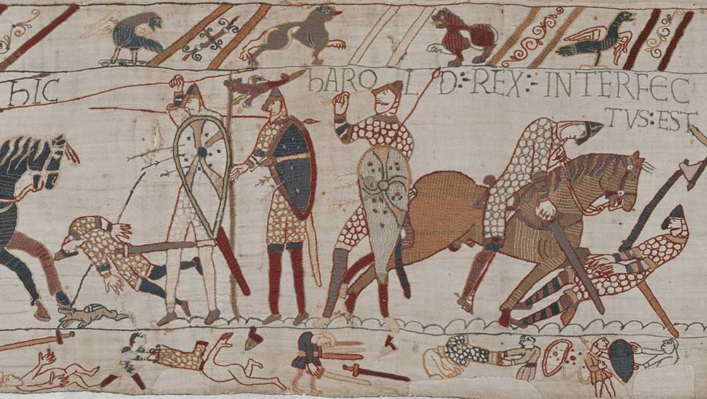 Bayeux Tapestry, scene 57, King Harold being killed by an arrow in the eye. Image by Université de Caen Normandie - CNRS - ENSICAEN, based on the 2017 photographic campaign by La Fabrique de patrimoines en Normandie.