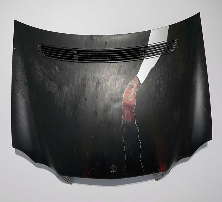 Medusa (Do Not Look Into Our Eyes), 2025. Oil paint on Mercedes-Benz car hood. Installation view, Selma Selman – 1000 Tears. Photo: Veronica Simpson.